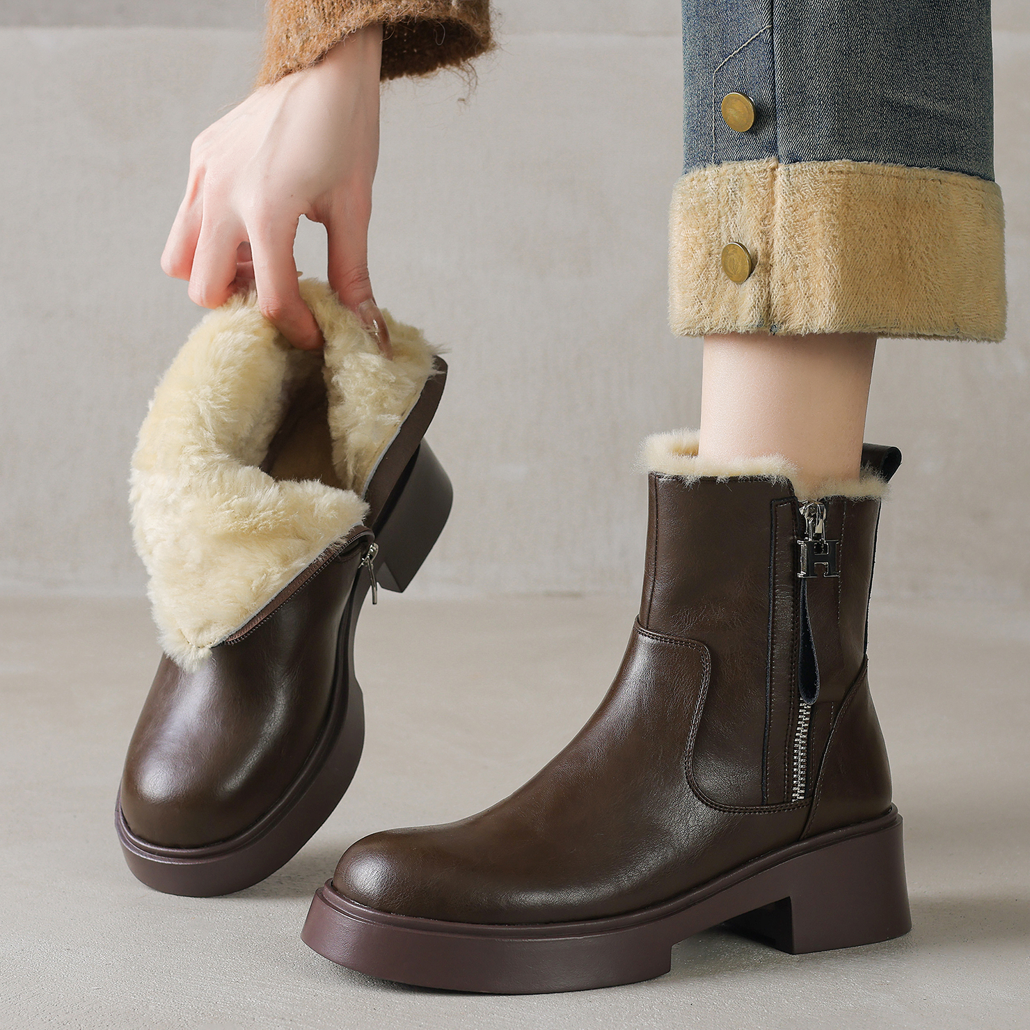 Dale~深冬暖炉厚底真羊羔毛短靴