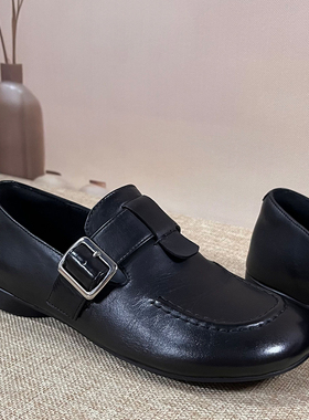 Dale黛迩~牛皮版 复古皮带扣乐福鞋平底一脚蹬小皮鞋舒适单鞋大码