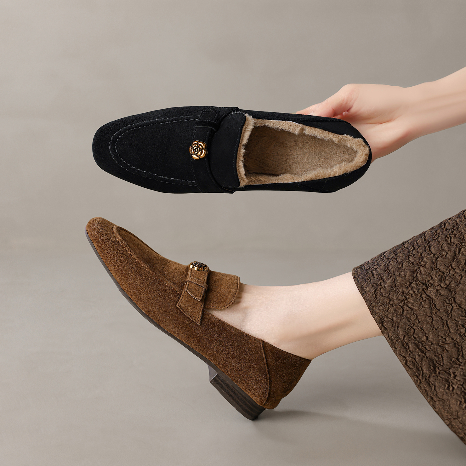 Dale~巨巨好穿山茶花加绒乐福鞋