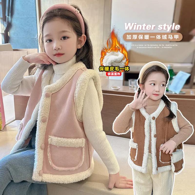 秋冬新款女孩马甲摇粒绒保暖外套百搭休闲皮毛一体女宝宝加绒加厚