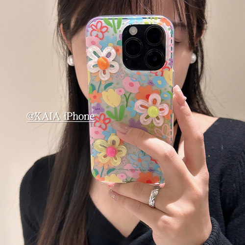 kaia 春款立体ins油画花朵适用苹果17promax手机壳iphone13新款12创意14女14promax双层15pro全包软边手机套