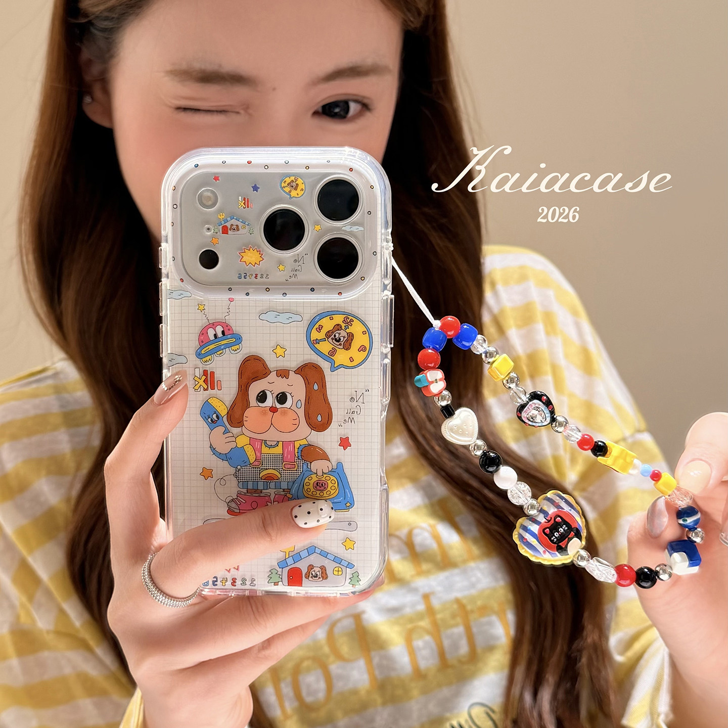 kaia 漫画风飞船打电话狗狗滴胶适用苹果18promax手机壳iphone17pro新款16女17pro带链条15pro全包防摔手机套
