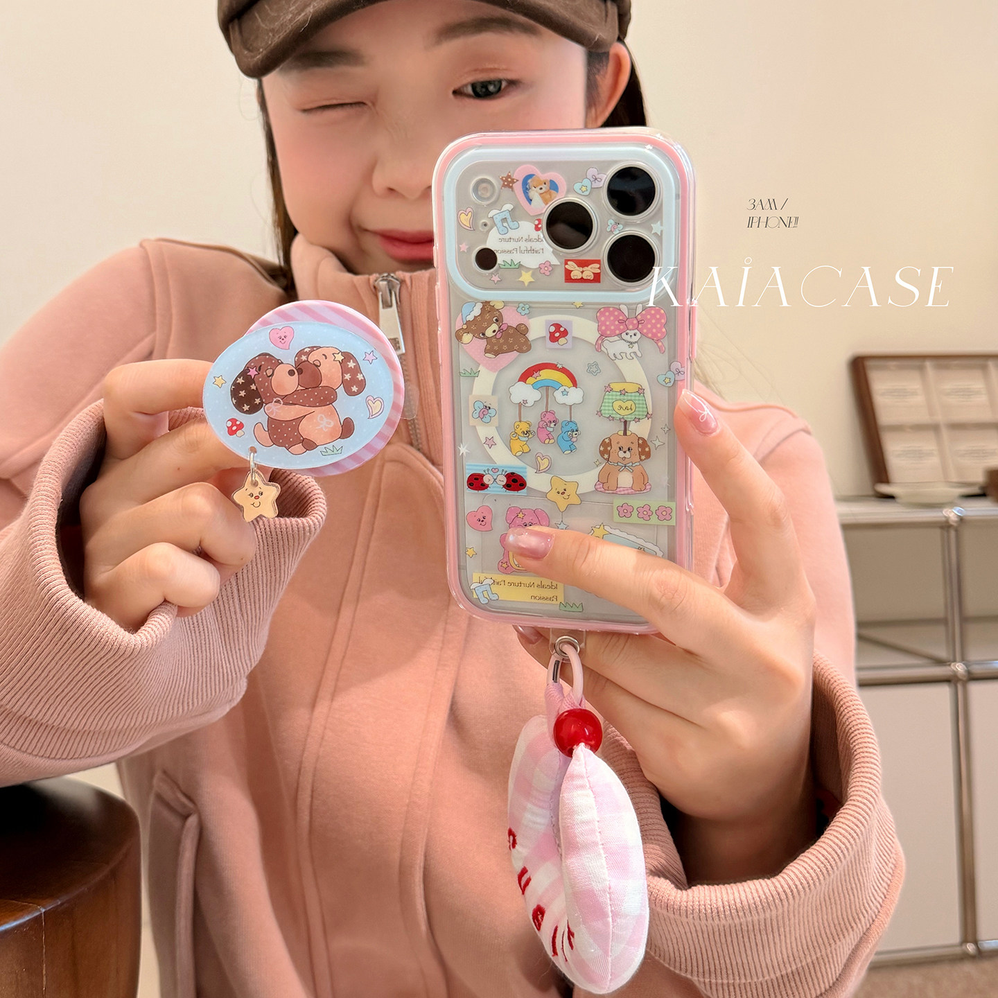 kaia 韩风ins卡通狗狗磁吸支架适用苹果17promax手机壳iphone16pro新款13女14pro腕带15pro二合一防摔手机套
