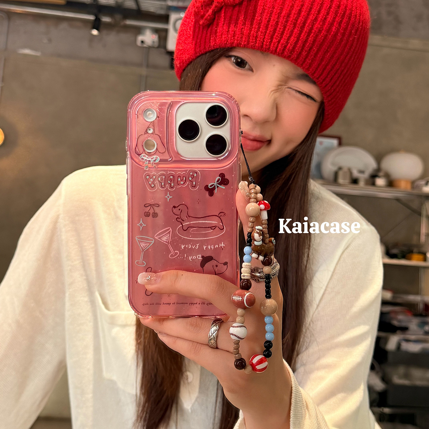 kaia 甜美粉手绘线条腊肠狗酒杯适用苹果17promax手机壳