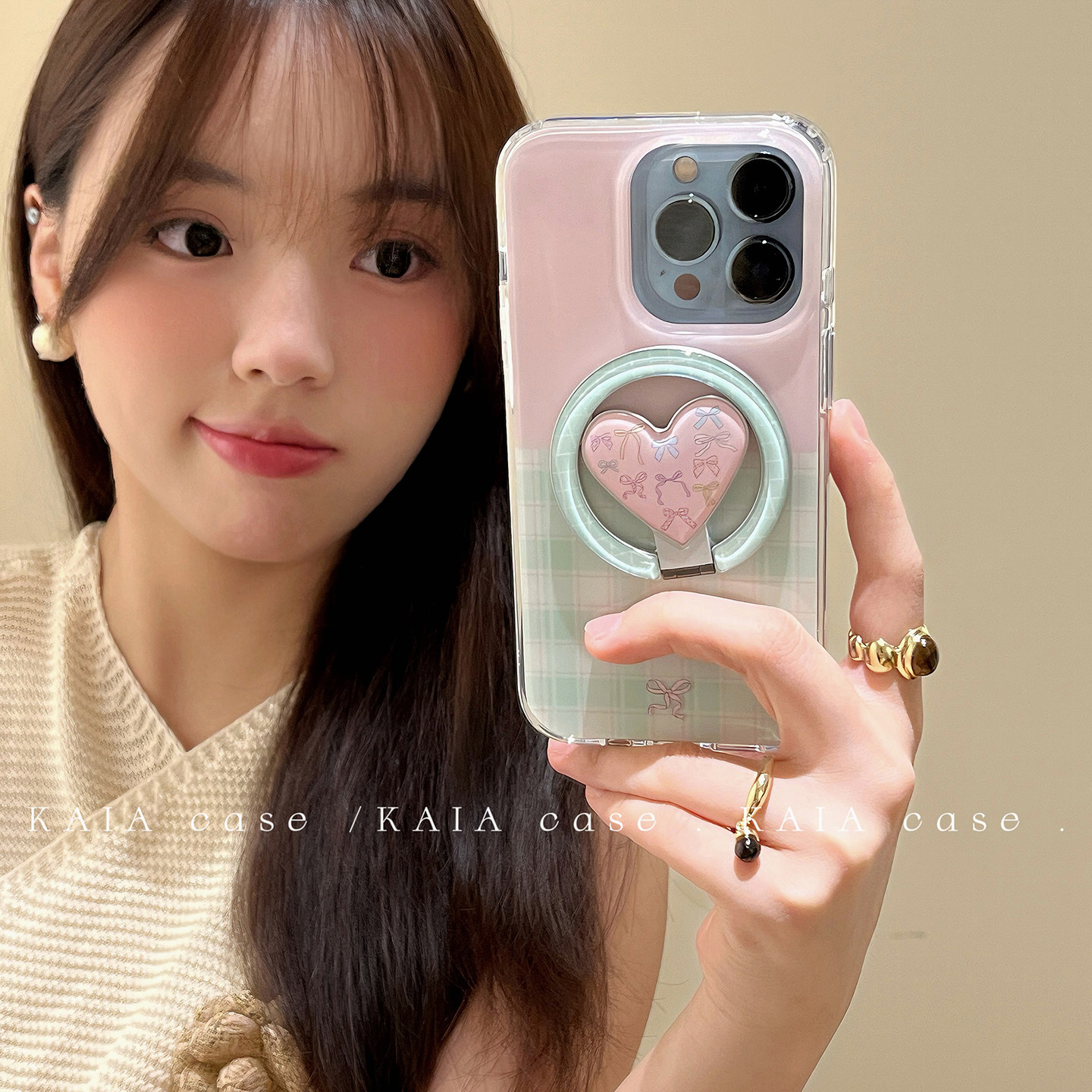 kaia韩风粉绿格纹爱心蝴蝶结适用苹果16promax手机壳iphone13新款15女14pro旋转磁吸支架16pro全包防摔手机套,3C数码配件,手机保护套/壳,淘宝优惠券,粉丝福利购,淘宝优惠卷