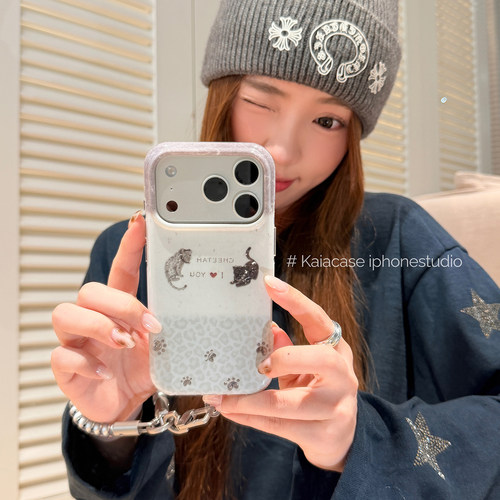 kaia ins渐变镭射猫咪豹纹适用苹果18promax手机壳iphone17pro新款16带挂绳15女18pm全包17pro双层防摔手机套