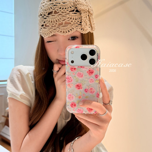 kaia 浪漫少女心粉色玫瑰花闪粉适用于苹果17promax手机壳iphone16pro新款16女17pro创意15pro全包防摔手机套