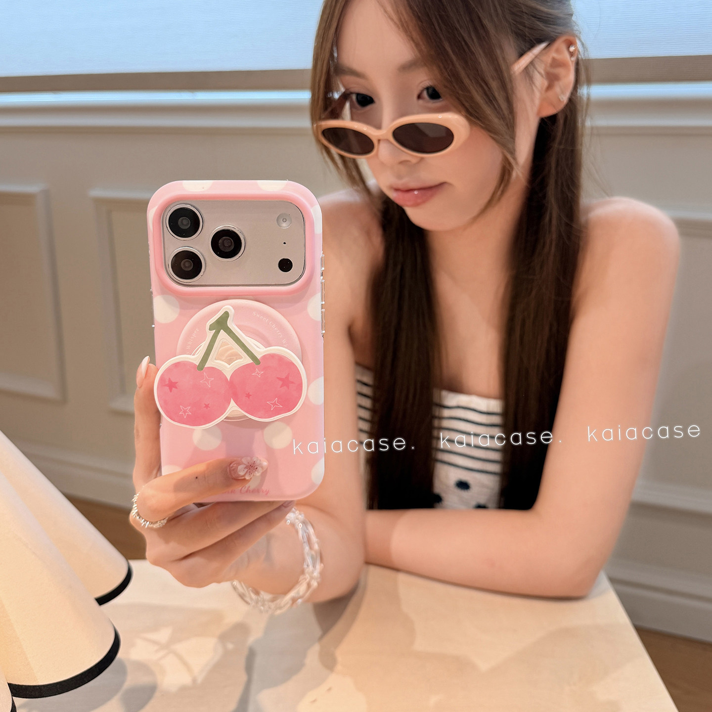 kaia 韩系甜妹风波点樱桃适用苹果18promax手机壳iphone17pro新款16女15pro磁吸支架18pro全包软边防摔手机套