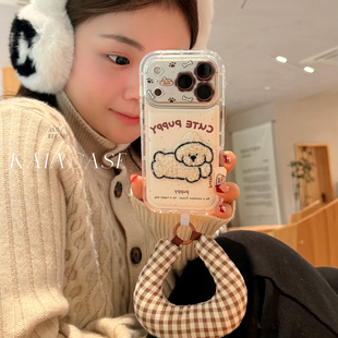 kaia秋冬ins格纹卡通刺绣狗狗适用苹果17promax手机壳iphone16pro新款15女14pro腕带15pro全包皮质防摔手机套