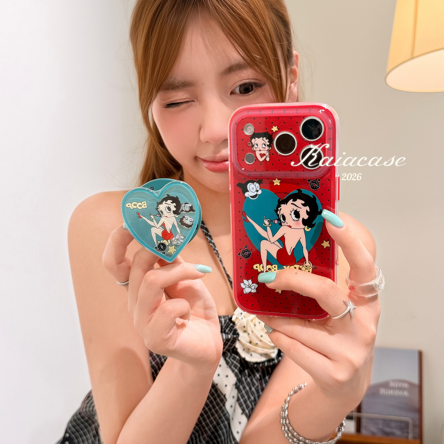 kaia 甜酷波点贝蒂爱心摇摇乐适用苹果18promax手机壳iphone16pro新款15女16pro磁吸支架15pro全包防摔手机套