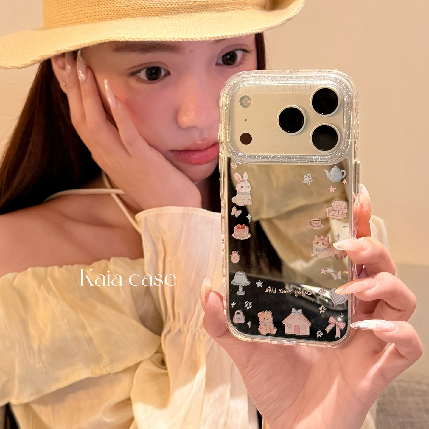 kaia甜妹ins围圈蛋糕兔子猫咪镜面适用苹果18promax手机壳iphone16pro新款17女14pro创意15pro全包防摔手机套