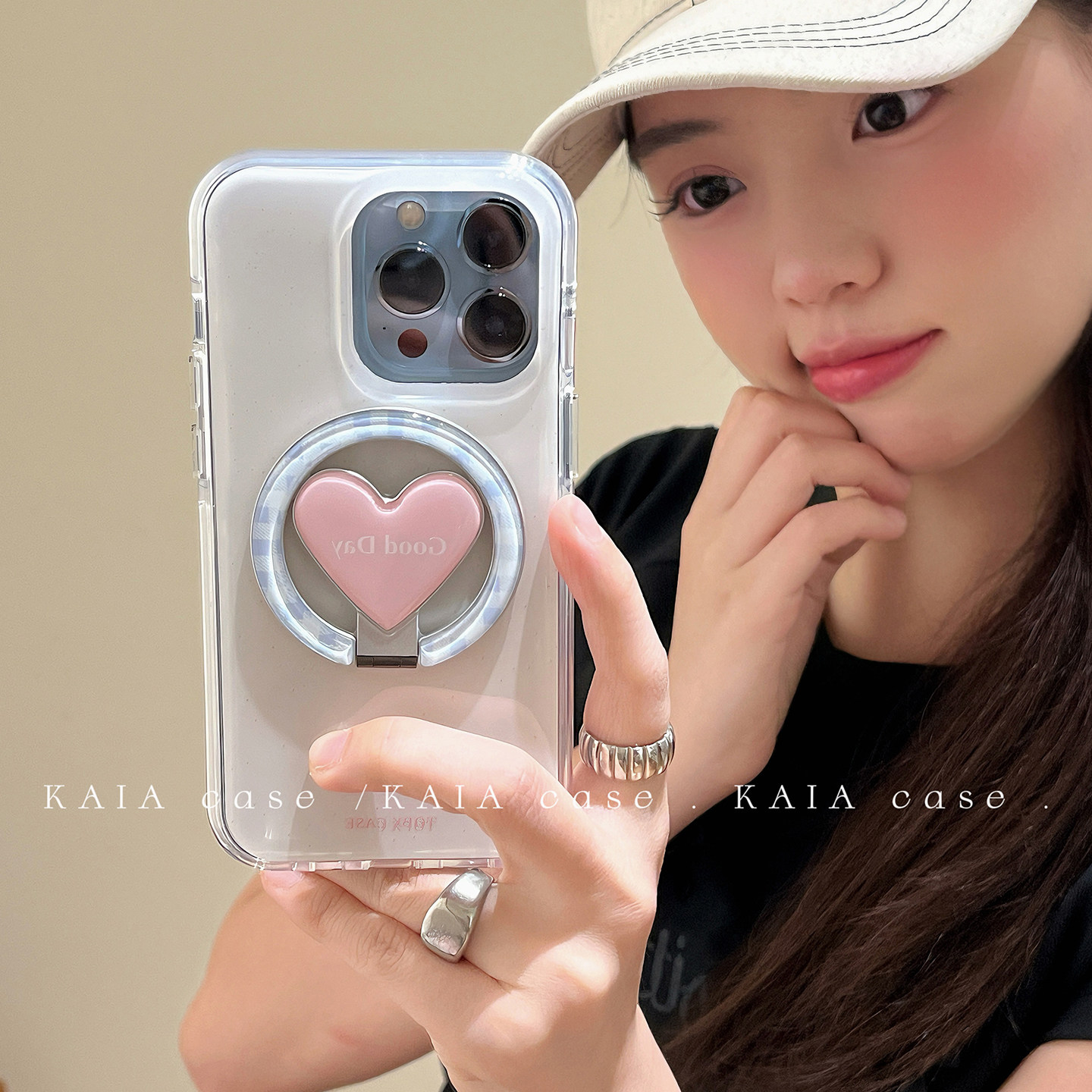 kaia 韩风简约纯色泼墨爱心适用苹果17promax手机壳iphone13新款15女14pro旋转磁吸支架16pro全包防摔手机套