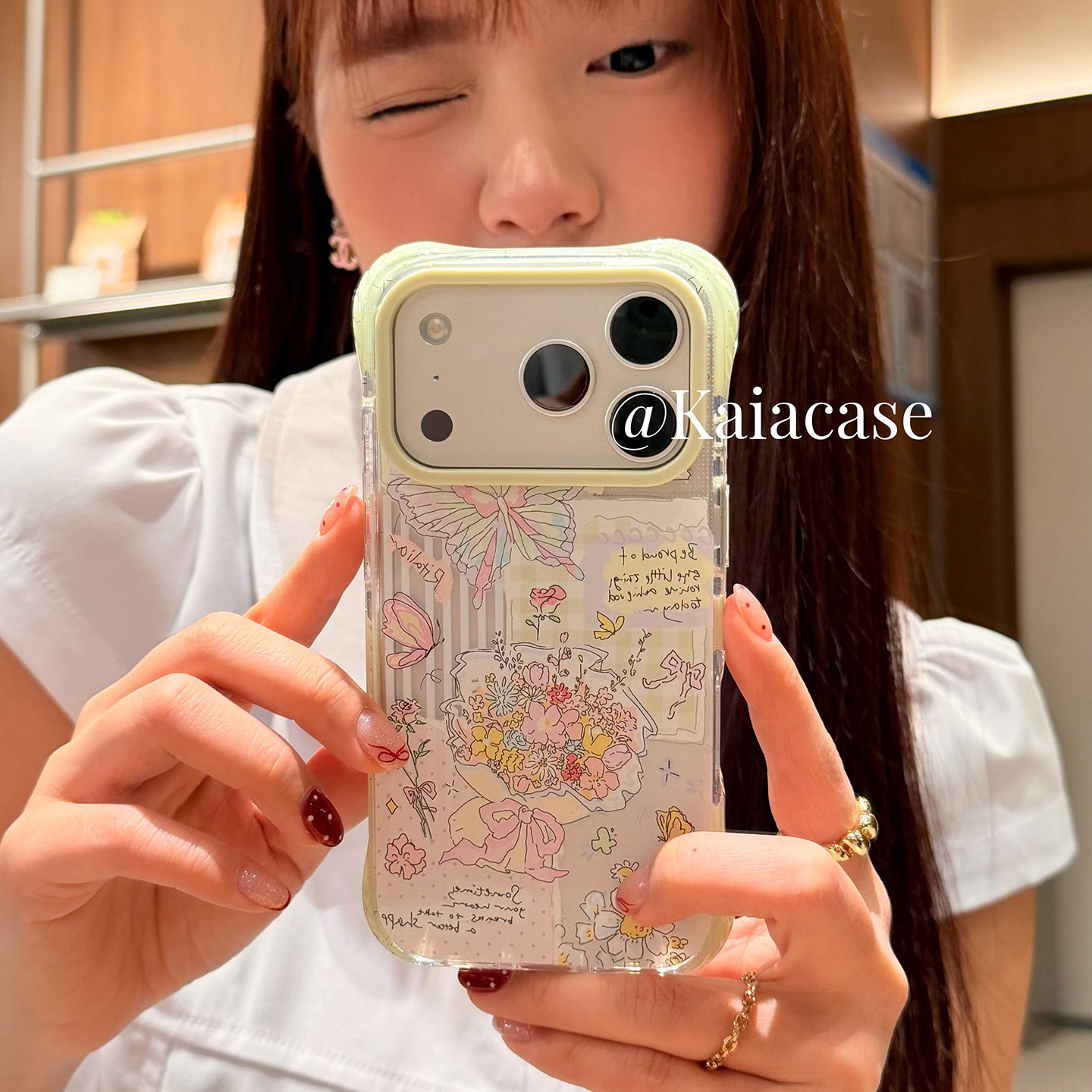 kaia春款ins甜美少女心彩绘蝴蝶花束插画适用苹果17promax手机壳iphone16pro新款15pro女14pro全包防摔手机套