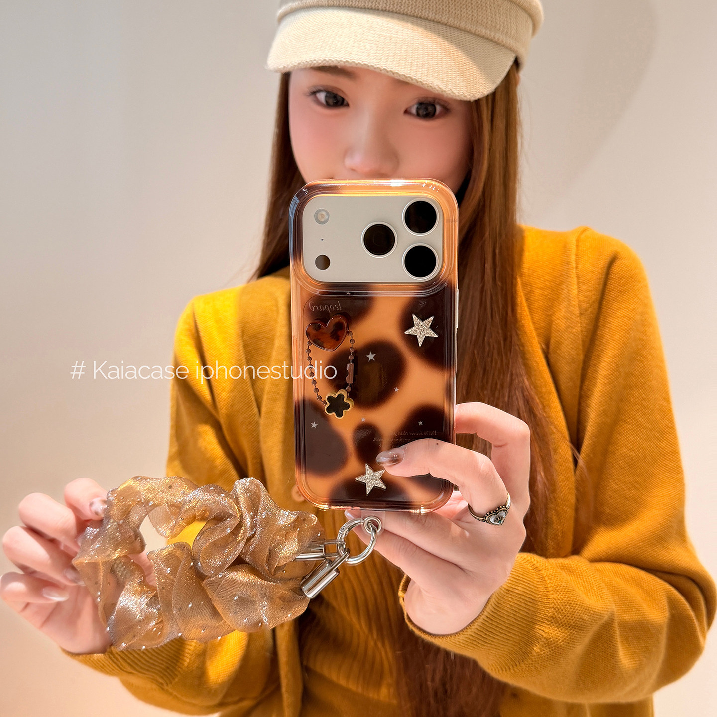 kaia美式复古琥珀立体星星适用苹果18promax手机壳iphone17pro新款16手腕带15女18pm全包17pro软边防摔手机套