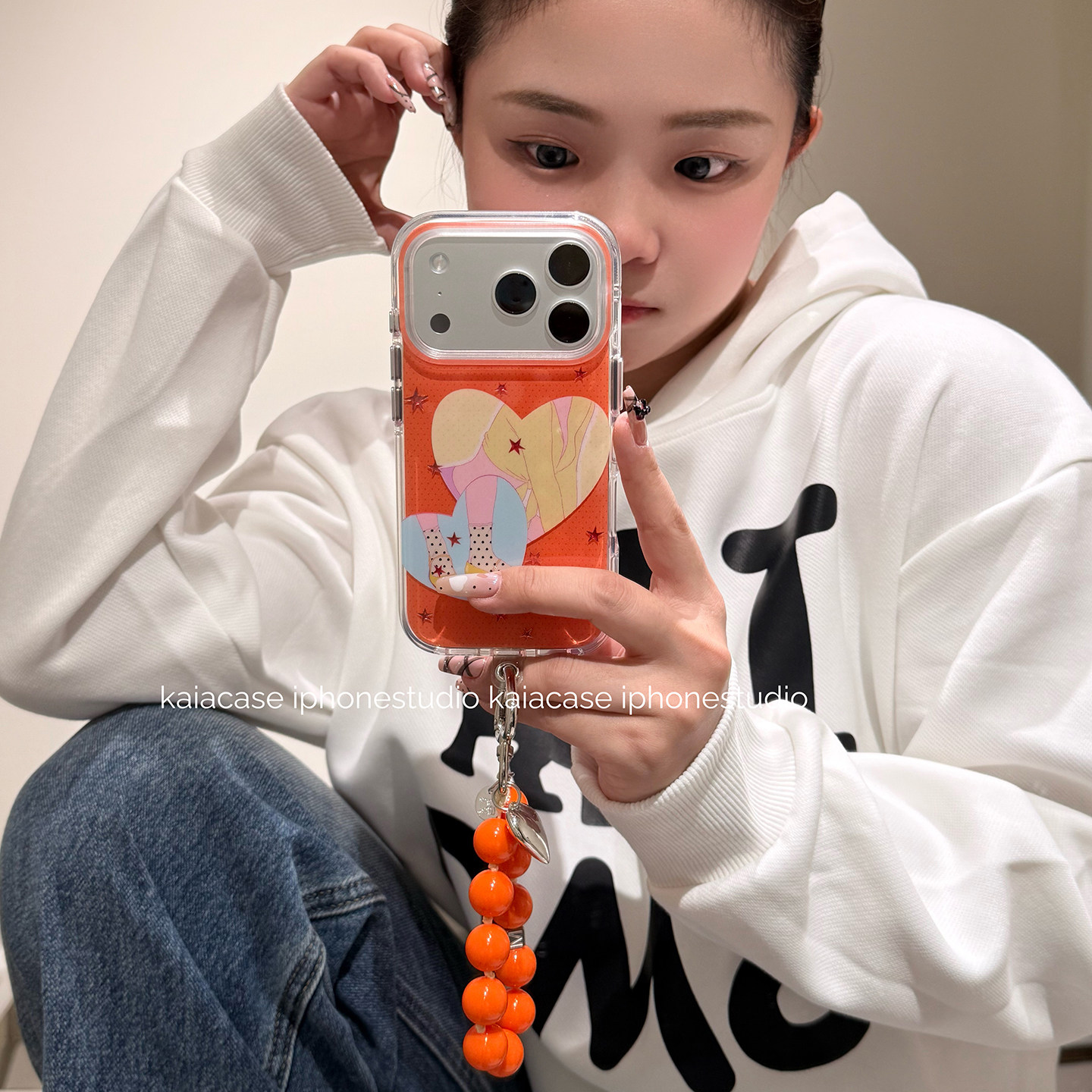 kaia 时髦少女穿搭橙星星爱心适用苹果17promax手机壳iphone16pro新款13女14pro腕带链条15pro全包防摔手机套,3C数码配件,手机保护套/壳,淘宝优惠券,粉丝福利购,淘宝优惠卷