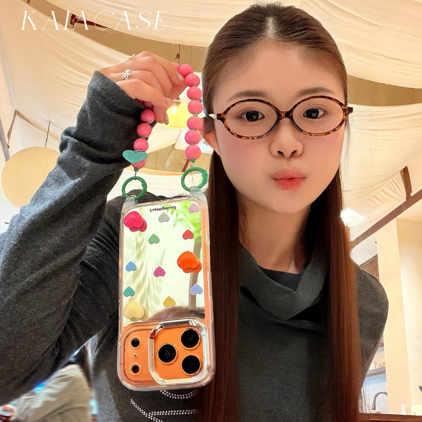 kaia日韩ins彩色立体爱心镜面适用苹果17promax手机壳