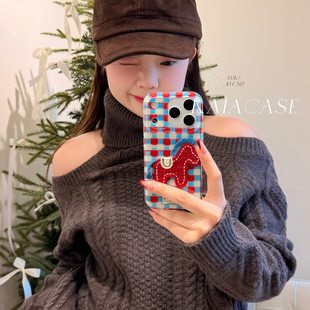 kaia 小众ins撞色格纹刺绣红马适用苹果17promax手机壳iphone16pro新款13女14pro创意15pro