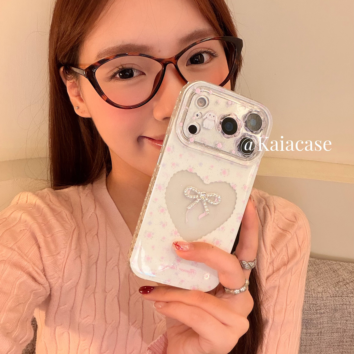 kaia早春ins粉碎花爱心水钻蝴蝶结适用苹果17promax手机壳iphone16pro新款16女17pro创意15pro全包防摔手机套