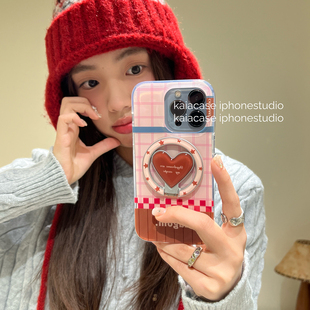 kaia 韩系甜美粉棕格纹爱心适用苹果16promax手机壳iphone13新款15女14pro旋转磁吸支架17pro全包防摔手机套
