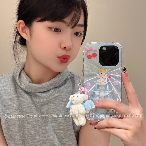 kaia 卡通梦幻喷泉天使适用苹果15promax手机壳iphone13新款17极光镭射14promax女16pro创意双层苹果13手机套