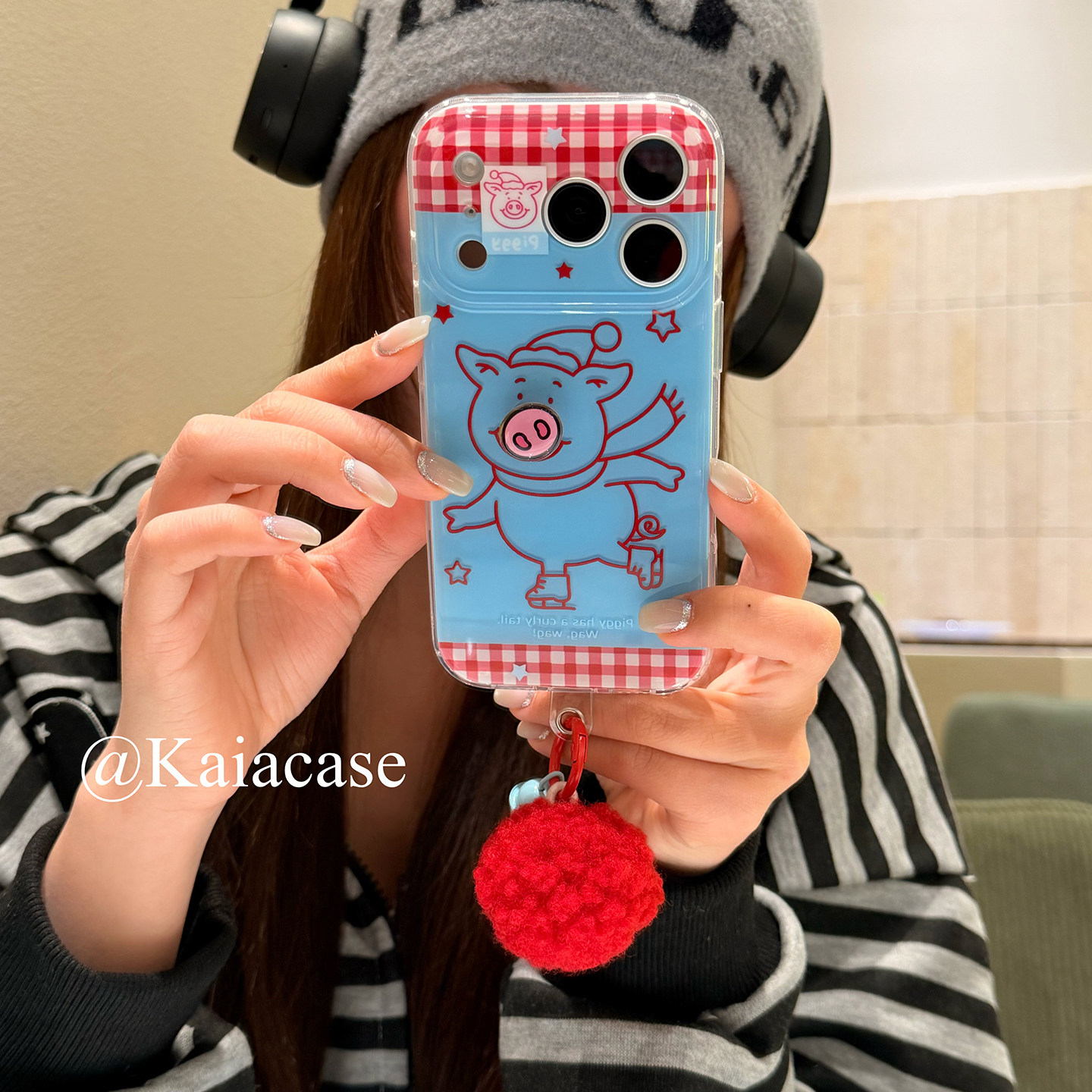 kaia 显白蓝线条小猪旋转鼻子适用苹果17promax手机壳iphone16pro新款13女14pro毛球挂件15pro双层防摔手机套,3C数码配件,手机保护套/壳,淘宝优惠券,粉丝福利购,淘宝优惠卷