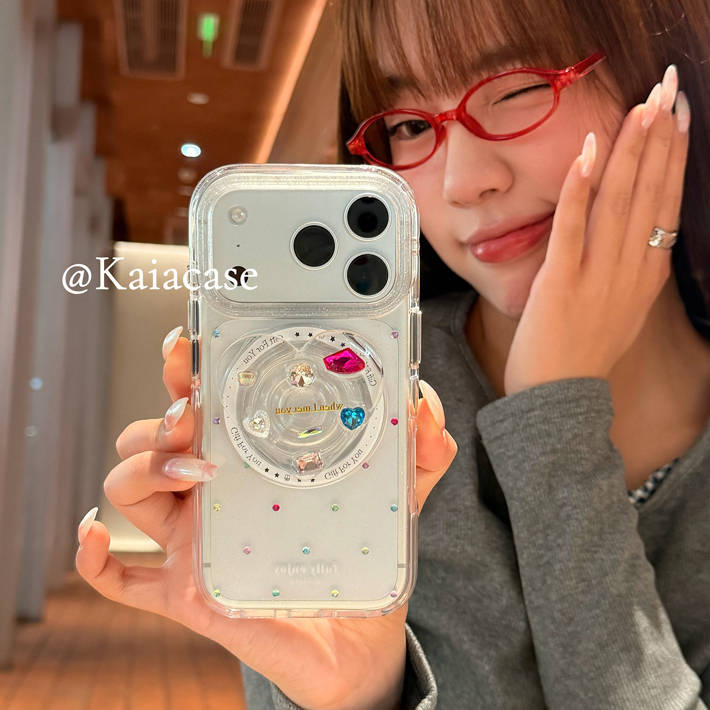 kaia韩风ins波点彩钻爱心适用苹果17promax手机壳iphone16pro新款15女14pro磁吸支架15pro透明全包防摔手机套