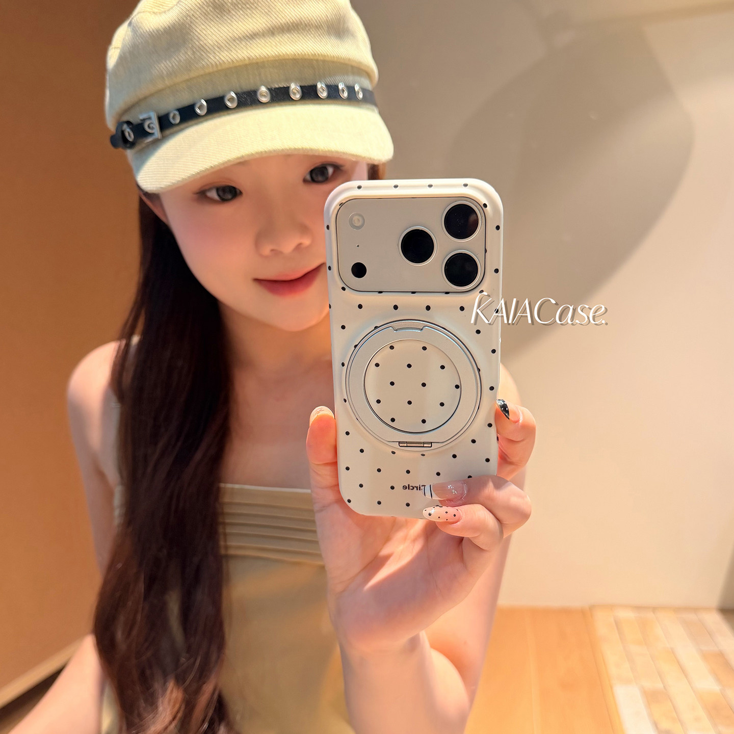 kaia韩风ins香芋紫奶茶色小波点适用苹果17promax手机壳iphone16pro新款16女17pro支点支架15pro防摔硬手机套