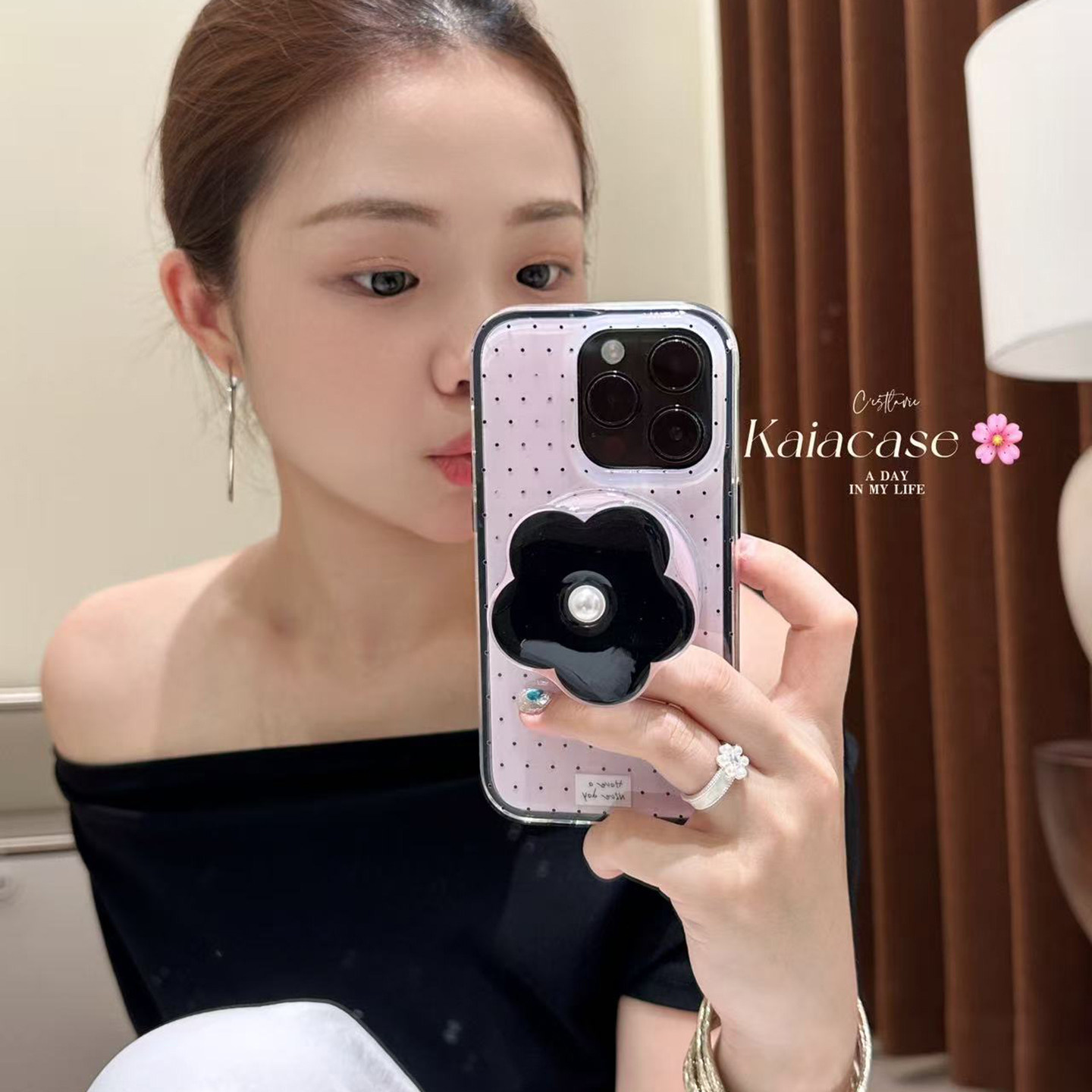 kaia韩风浪漫黑粉波点珍珠花朵适用苹果16promax手机壳iphone13新款15女14pro磁吸支架16pro二合一防摔手机套