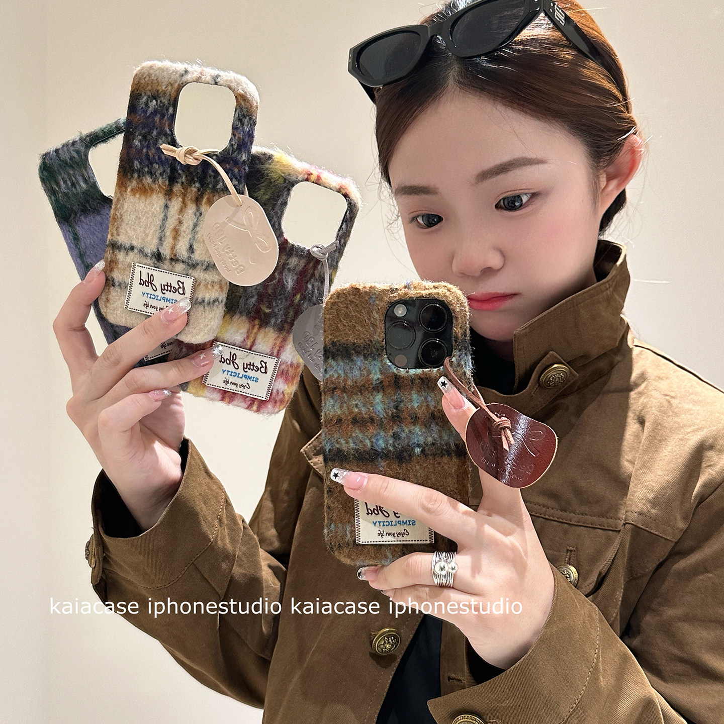 kaia 秋冬新款撞色格纹毛绒布标签适用苹果16promax手机壳iphone13新款15女14pro带挂件16pro全包防摔手机套,3C数码配件,手机保护套/壳,淘宝优惠券,粉丝福利购,淘宝优惠卷