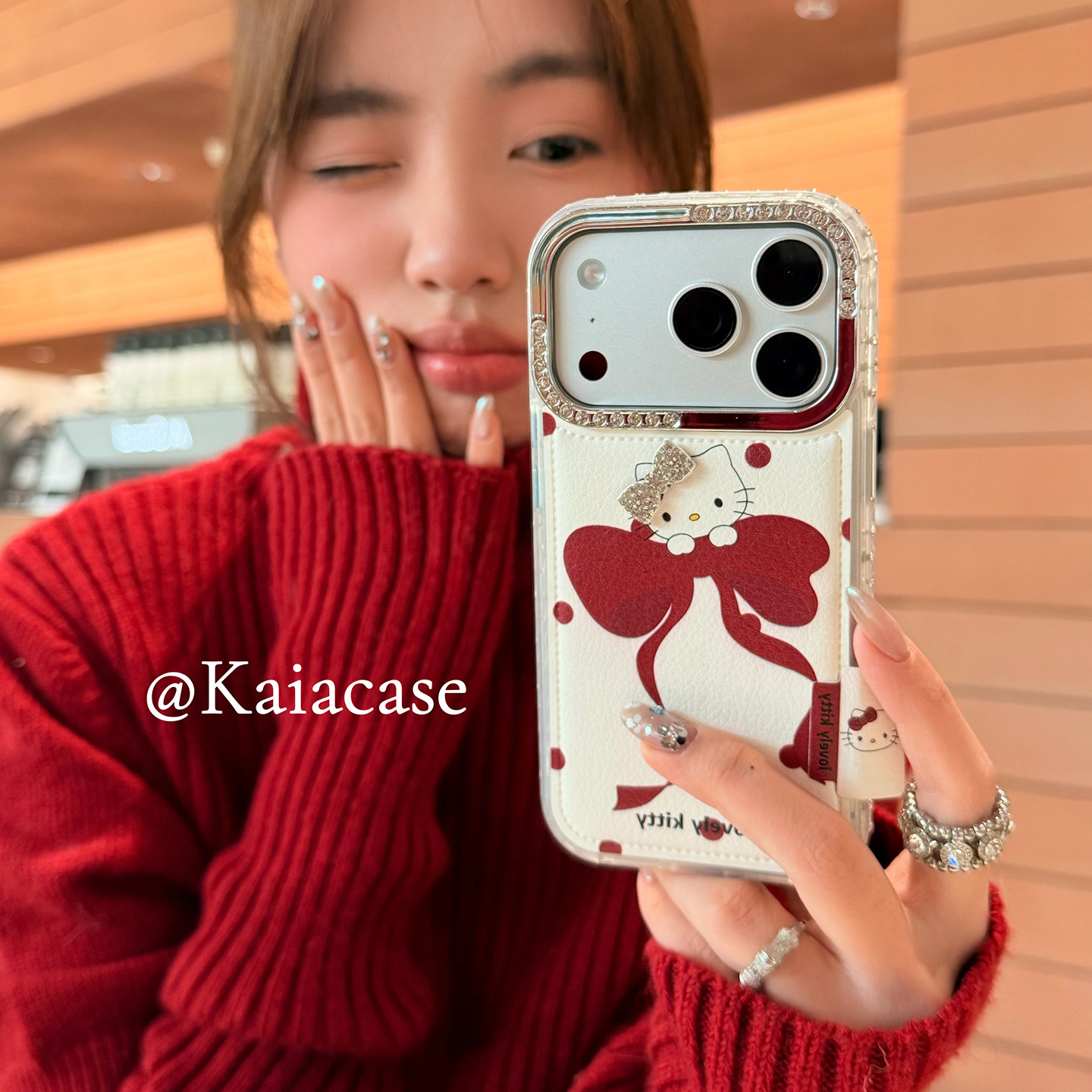 kaia 韩风红波点蝴蝶结哈喽kt标签适用苹果17promax手机壳iphone16pro新款13女14pro创意15pro皮质防摔手机套,3C数码配件,手机保护套/壳,淘宝优惠券,粉丝福利购,淘宝优惠卷