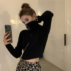 高领针织打底衫女秋冬季2023新款内搭短款拉链堆堆领毛衣义乌上衣