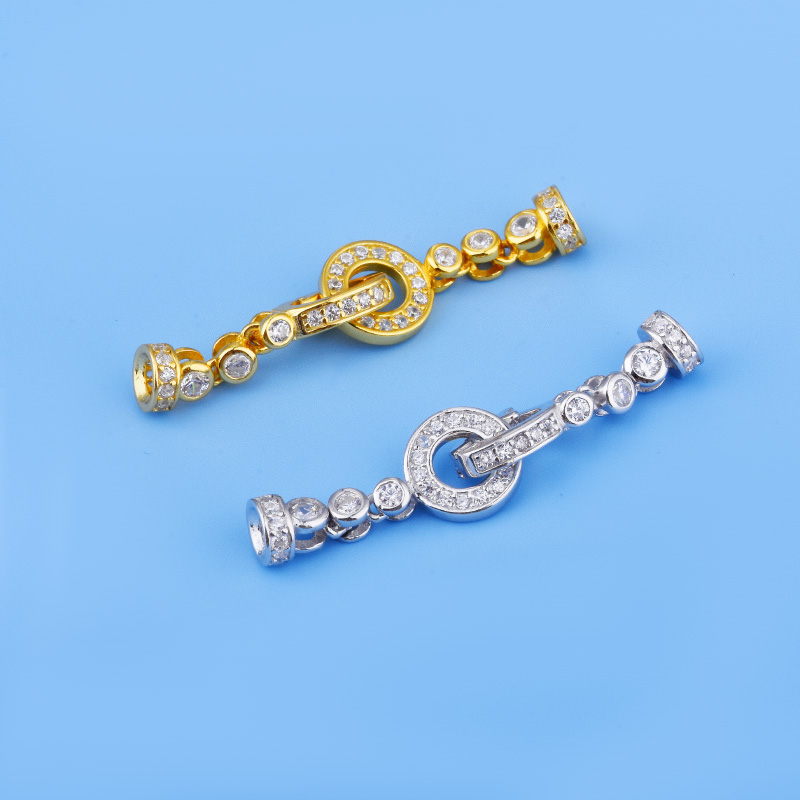 S925纯银镶锆石长条双头扣珍珠小米珠连接扣搭扣diy银配件收尾扣