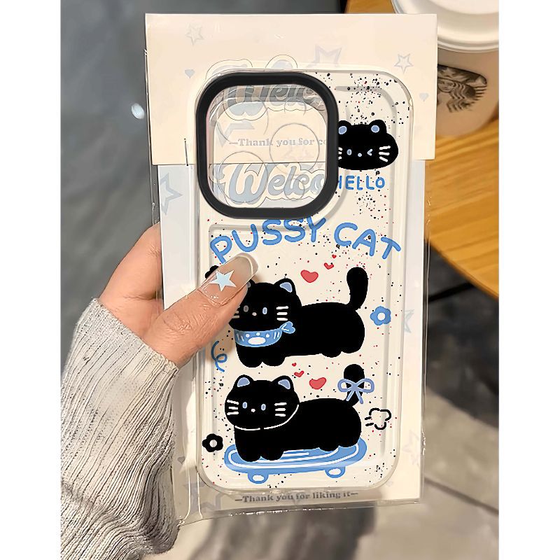 可爱小黑猫太空壳适用iphone16pro手机壳苹果15保护套14/13软壳12
