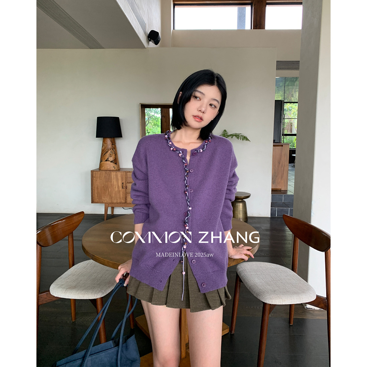 CZ ZHANG秋羊毛针织开衫女重工撞色钉珠宽松休闲毛衣外套 B35883