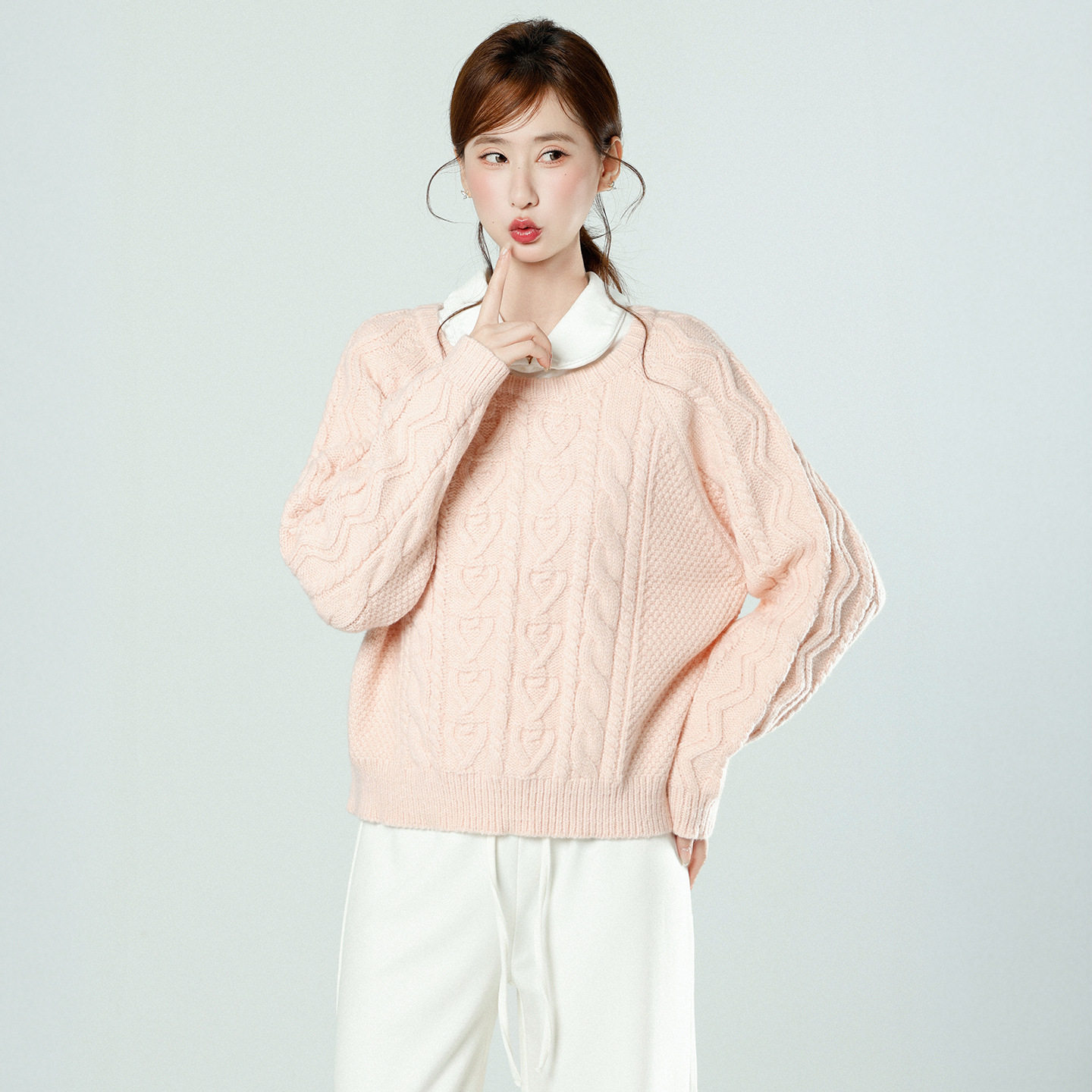 韩系温柔风粉色麻花圆领厚款毛衣女2026冬季宽松内搭打底针织上衣,女装/女士精品,毛针织衫,淘宝优惠券,粉丝福利购,淘宝优惠卷