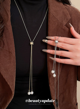 极简风锆石圆形珍珠项链休闲时尚日常百搭毛衣链轻奢高级感项饰女