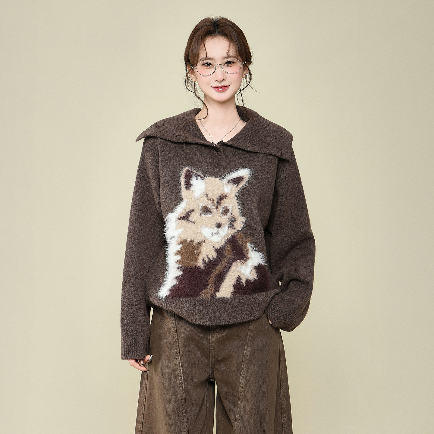 棕色小狗毛绒翻领长袖针织毛衣外套秋冬季打底内搭加厚保暖上衣女,女装/女士精品,毛针织衫,淘宝优惠券,粉丝福利购,淘宝优惠卷