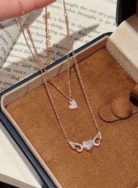 爱心双层超闪满锆石翅膀爱心项链ins风送女友礼物轻奢高级感项链