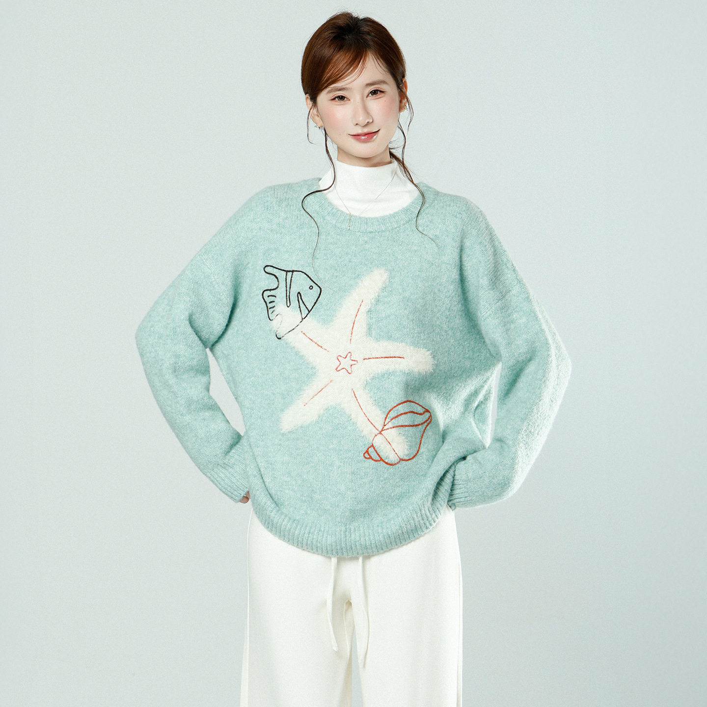 绿色海星圆领套头加厚宽松毛衣外套女冬季新款慵懒高级感毛针织衫,女装/女士精品,毛针织衫,淘宝优惠券,粉丝福利购,淘宝优惠卷