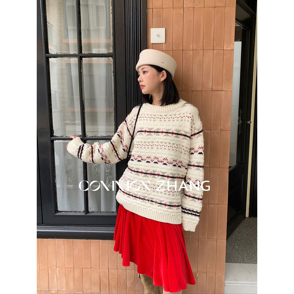 CZ ZHANG冬费尔岛羊毛加厚保暖提花圆领毛衣女慵懒风针织衫B45278