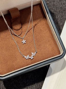 蝴蝶花朵双层超闪锆石项链轻奢高级感百搭锁骨链精致气质时尚项链