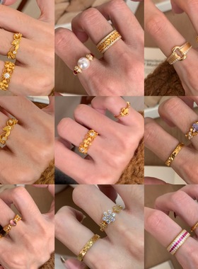 镶锆菱形鸢尾花朵宽面开口戒指中古vintage指环复古轻奢气质手饰