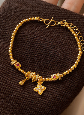 24K真金电镀金属花朵锆石手链法式复古优雅手环轻奢高级感手饰女