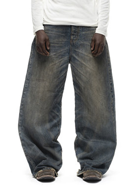 美式复古Nofaith泥染猫须破坏磨烂做旧loose baggy弯刀牛仔裤