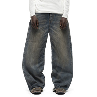 baggy弯刀牛仔裤 美式 复古Nofaith泥染猫须破坏磨烂做旧loose