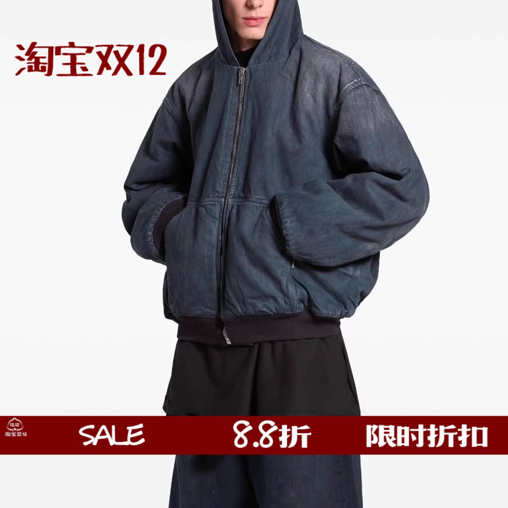 牛仔棉服连帽bomber印花拉链外套