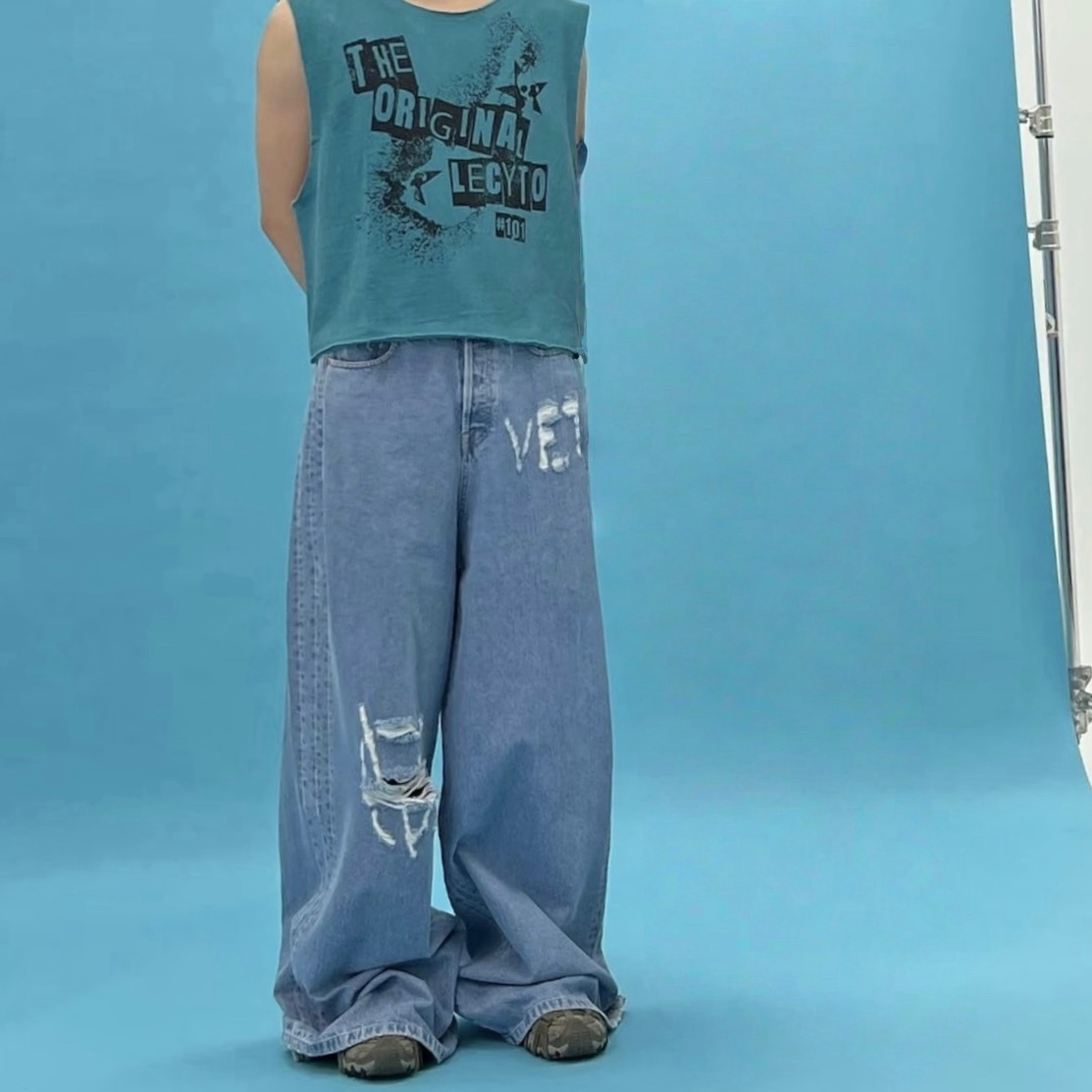 VET破坏阔腿直筒baggy牛仔裤
