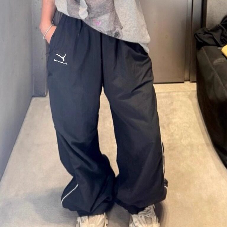 豹子联名黑灰拼色刺绣尼龙运动裤