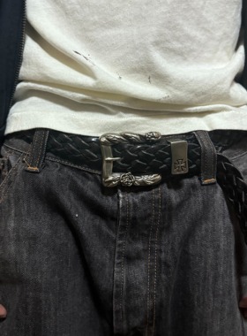 ERD忧郁的富二代 复古编织免打孔腰带 真皮重工做旧雕花logo皮带