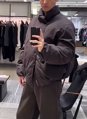 BMC LE 经典设计蓬松棕色立领双排扣短款拉链棉服 廓形保暖面包服